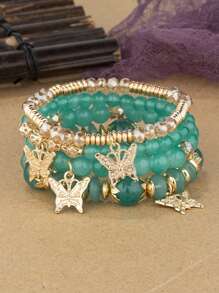 4pcs/Set Bohemian Elegant Delicate Butterfly Charm Beaded Bracelet Set, Suitable For Women's Daily Decoration