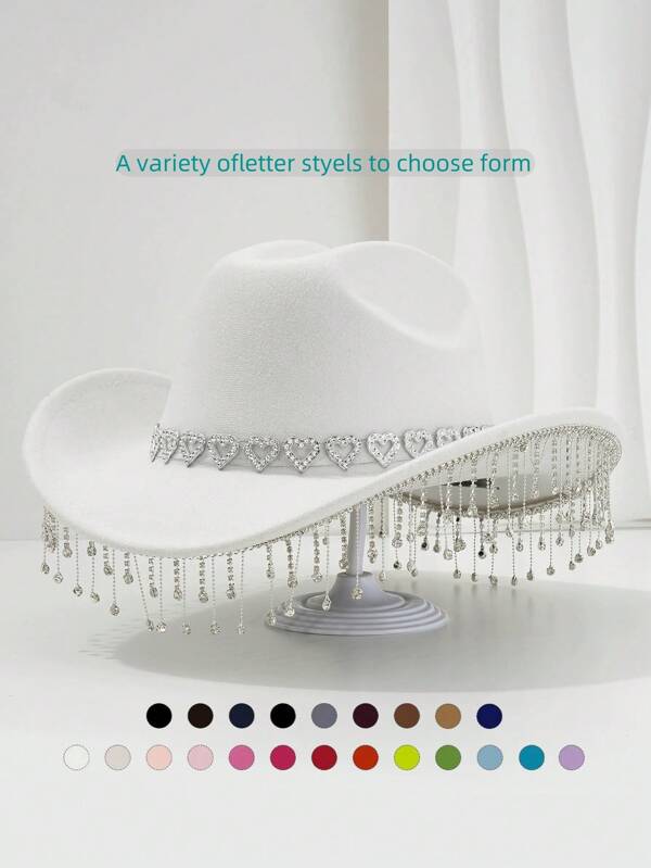 1 pieza Sombrero con ala de lana de unicolor para mujer/hombre, decoración de cadena con forma de corazón en el cinturón, de estilo simple para fiesta, baile y actuación