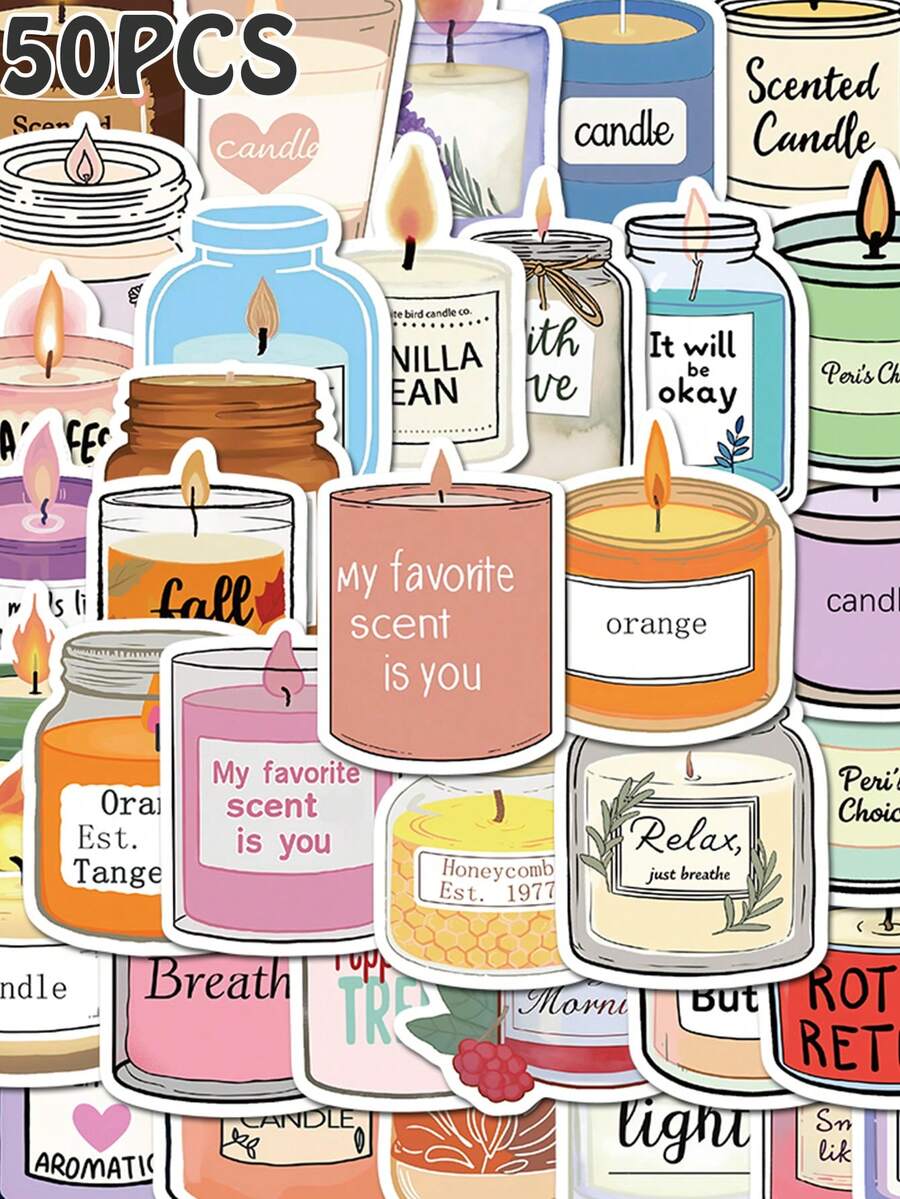 SCXXBSW 50pcs Candle Aromatherapy Cartoon Graffiti Stickers Decorative Handbooks Water Cups Notebook Luggage Waterproof Stickers
