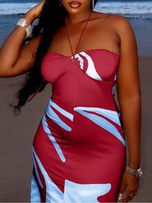 Fashionable Backless Sleeveless Digital Print Halter Neck Bodycon Mini A-Line Dress, Party Dress, For Cocktail - Burgundy - View 9