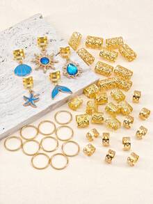 45pcs Baroque Faux Pearl Seashell Dreadlock Hair Rings - Boho Oceanic Hair Jewelry Set For Braids, Festival Beach Hair Accessories Hair Clips - Gold - View 3