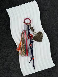 HXXOOS 1 Peça Pingente de Bolsa Estilo Boho com Borlas Coloridas para Mulheres, Pingente Retrô em Forma de Coração com Contas, Acessório DIY para Bolsas, Mochilas e Decoração de Carro de Crochê