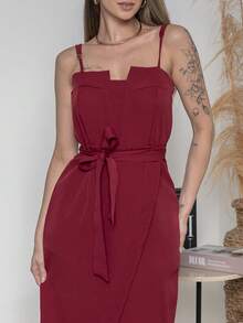 V761 Tailored Midi Dress With Straps - Burgundy - View 7