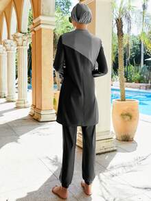 VFJ Female Muslim Swimsuit, Islamic Dignified Swimsuit 3 Pieces Set, Gray And Pink Patchwork Full Set, Headscarf, Long Sleeved Burkini Dress+Pants