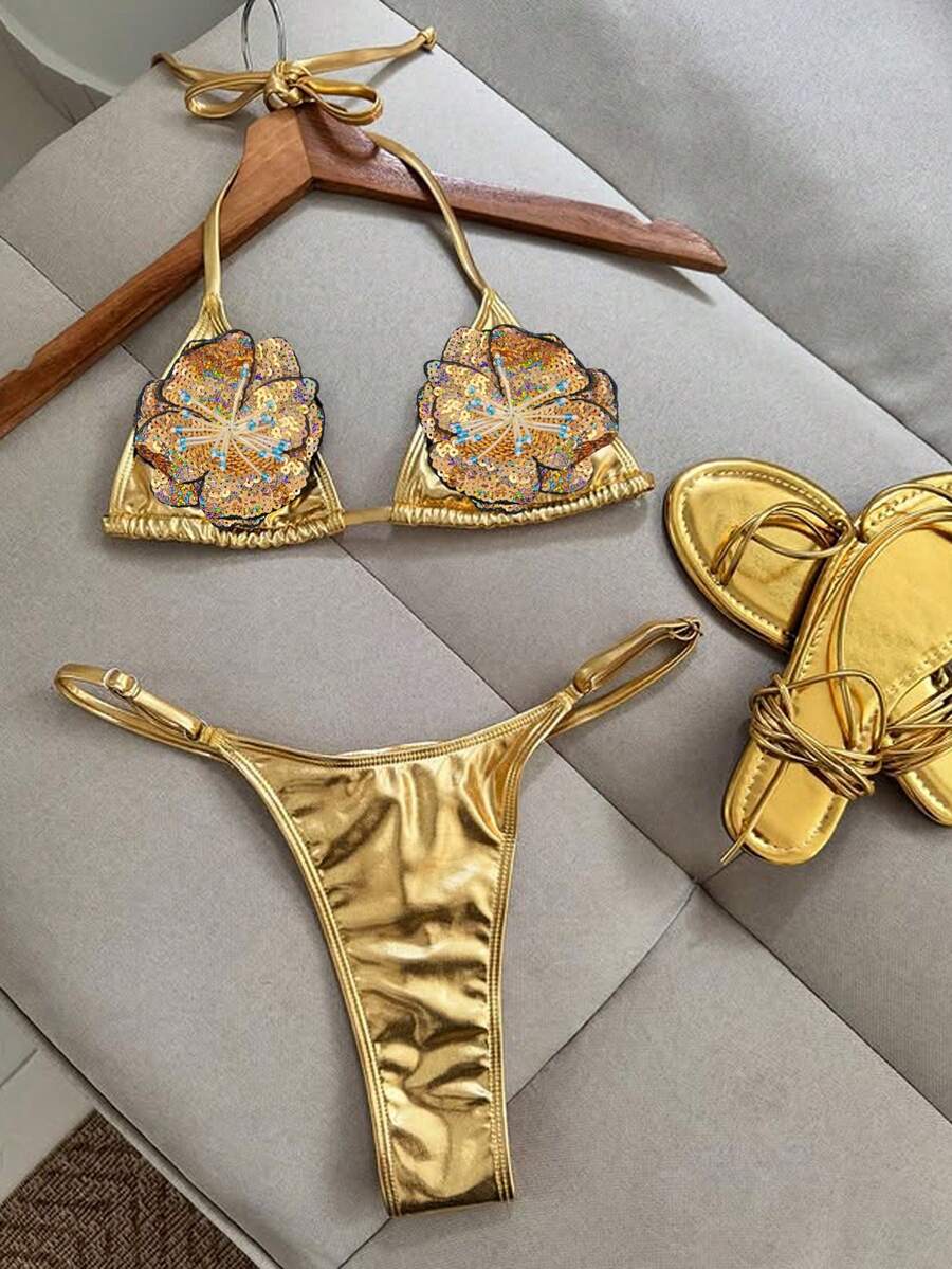 Women's Summer Solid Color Sexy Shiny Metallic Fabric Decorated With Sequin Flowers Tie-Back Bikini Set, Solid Color Bohemian Tie-Back Backless Beach Vacation - Gold - View 1