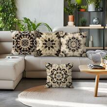 4pcs Mandala Print Decorative Cushion Cover Set, Single-Sided Printed Pillow Protector 45*45cm, Peach Velvet