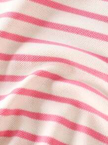 Vestido-camiseta de punto con cuello polo, estampado de rayas y bordado de fresa, ideal para exterior, sesiones de fotos, uso diario, escuela, imprescindible para primavera y verano para niñas