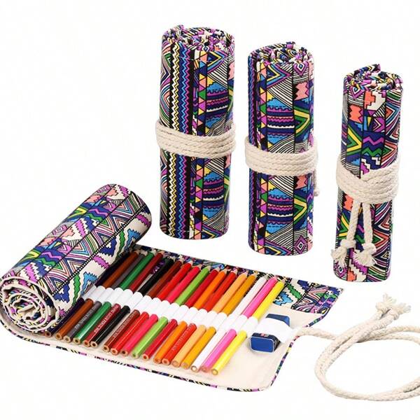Trousse de rangement pour crayons, trousse colorée (72 emplacements), style bohème