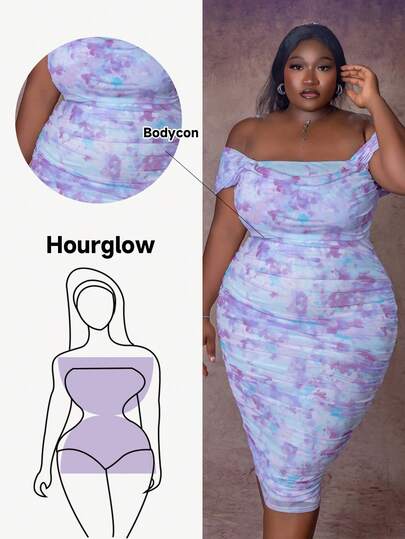 CurvyTilda Tildaharris Plus Size Women's Pink Ombre Floral Off Shoulder Ruched Evening Dress For Date Night, Party, Formal, Mother Day Dress, Summer Dress, For Hourglass Body Shape