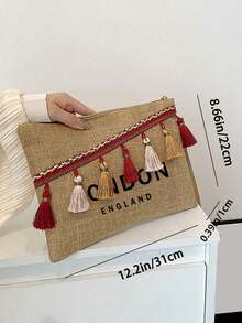 1 Pc Red Tassel Khaki Bag With "London Uk" Pattern, Bosnian Style, Tassel Linen Handbag, Storage Bag, Mother's Day Gift, Travel Convenience Bag, With Regional Tassel Style, Multifunctional Canvas Bag, Handbag, Coin Wallet, Charger Storage Bag, Men's And Women's Zipper Bag, Suitable For Girlfriends, Wives, Mothers - Multicolor - View 10