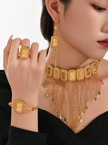 5-Piece Set: Elegant Rose Design Jewelry Set Including Necklace, Bracelet, Earrings, Ring. 24K Gold Plated Copper Meteor Shower V-Shaped Tassel Necklace, Gift For Mother's Day, Valentine's Day, Women