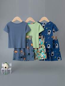 Set de 6 piezas de pijama corto con estampado de dinosaurios de dibujos animados y color de contraste, de manga corta y pantalones cortos, ropa de casa ligera de algodón para niños pequeños