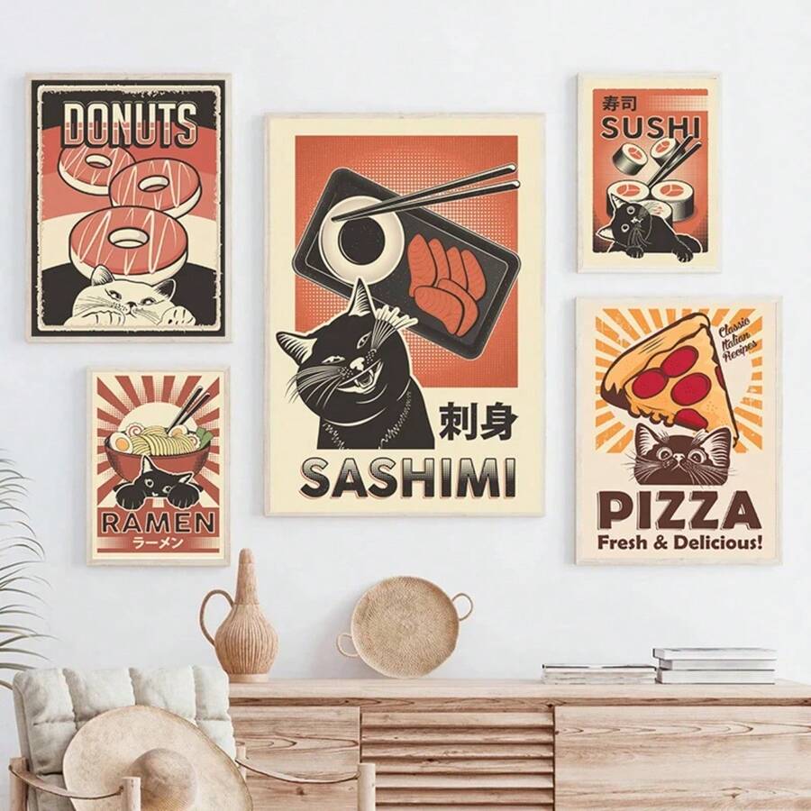 1 件礼物日本美食寿司拉面生鱼片照烧搞笑黑猫海报帆布画可爱动物美味墙壁艺术厨房房间装饰可选框架 - 多色 - 查看 1