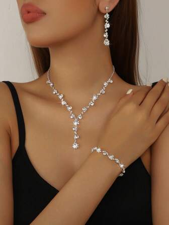 3 Pieces/Set Of Fashionable Rhinestone Necklaces, Earrings, Bracelets, Suitable For Daily Or Wedding Romantic Occasions, Etc.
