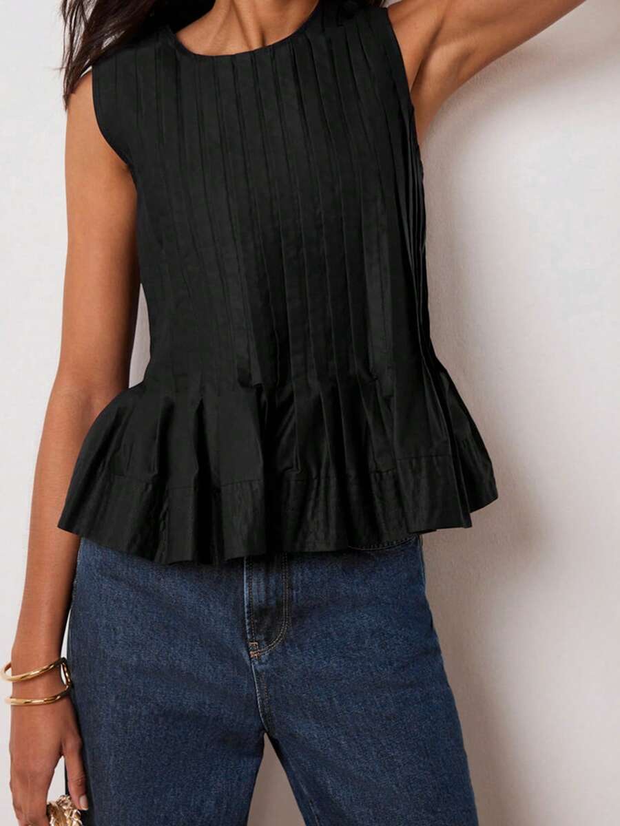 Womens Peplum Babydoll Tops Cute Pleated Sleeveless Ruffle Strap T Shirts Tank Summer Tops - 黑色 - 查看 1