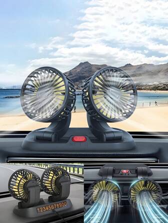 Ventilador de coche de 12V - Ventilador de doble cabezal para coche, ventilador de enfriamiento portátil para vehículos - Versión actualizada 2025 - 3 velocidades, rotación de 360°, para SUV, caravana, camión, sedán, crucero, alimentado por encendedor de cigarrillos, ventilador de coche USB, ventilador eléctrico para vehículo con rotación de 360 grados y velocidad del viento ajustable, mini ventilador portátil con soporte, incluye soporte de placa de estacionamiento