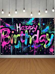 Happy Birthday Background Fabric Graffiti Neon Light Background Decoration Banner Color Splash Paint Graffiti Background Cloth Birthday Party Decoration Supplies,Suitable For Party Living Room Bedroom Bathroom Wall Decoration Photography Studio Venue Background Decoration Props