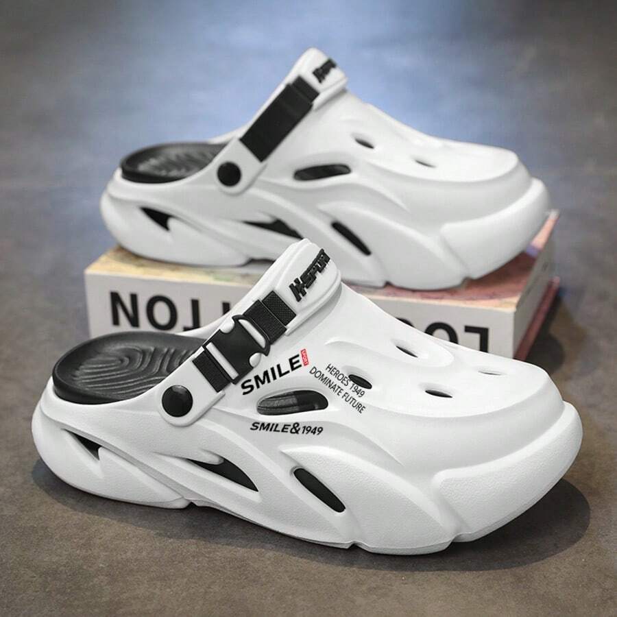 Men's New Summer Outdoor Letter Beach Party Chinese Style Street EVA Buckle Couple Hole Shoes Casual Vacation Slip-On All Season - White - View 1