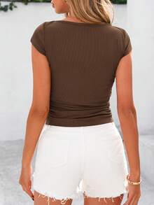 Women Summer Short Sleeve Y2K Shirt Crew Neck Ribbed Knit Stretchy Ruched Slim Fit Basic T-Shirt Workout Street Going Out Tee Shirt Tops - Coffee Brown - View 2