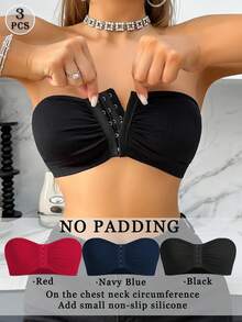 3pcs/Set Multi-Color Front Button Bras, Strapless Seamless Bra With Wireless And Single Layer No Shoulder Strap, Tube Top For Women - Multicolor - View 3