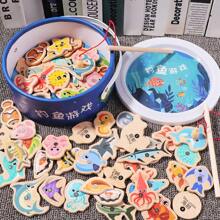 Holz Kinder Fischen Spielzeug, Baby Frühförderung Puzzle Cartoon lustige magnetische Meeresbiologie kognitive Simulation Angelset (15 Tüten mit kleinen Fischen zufällig zugewiesen)