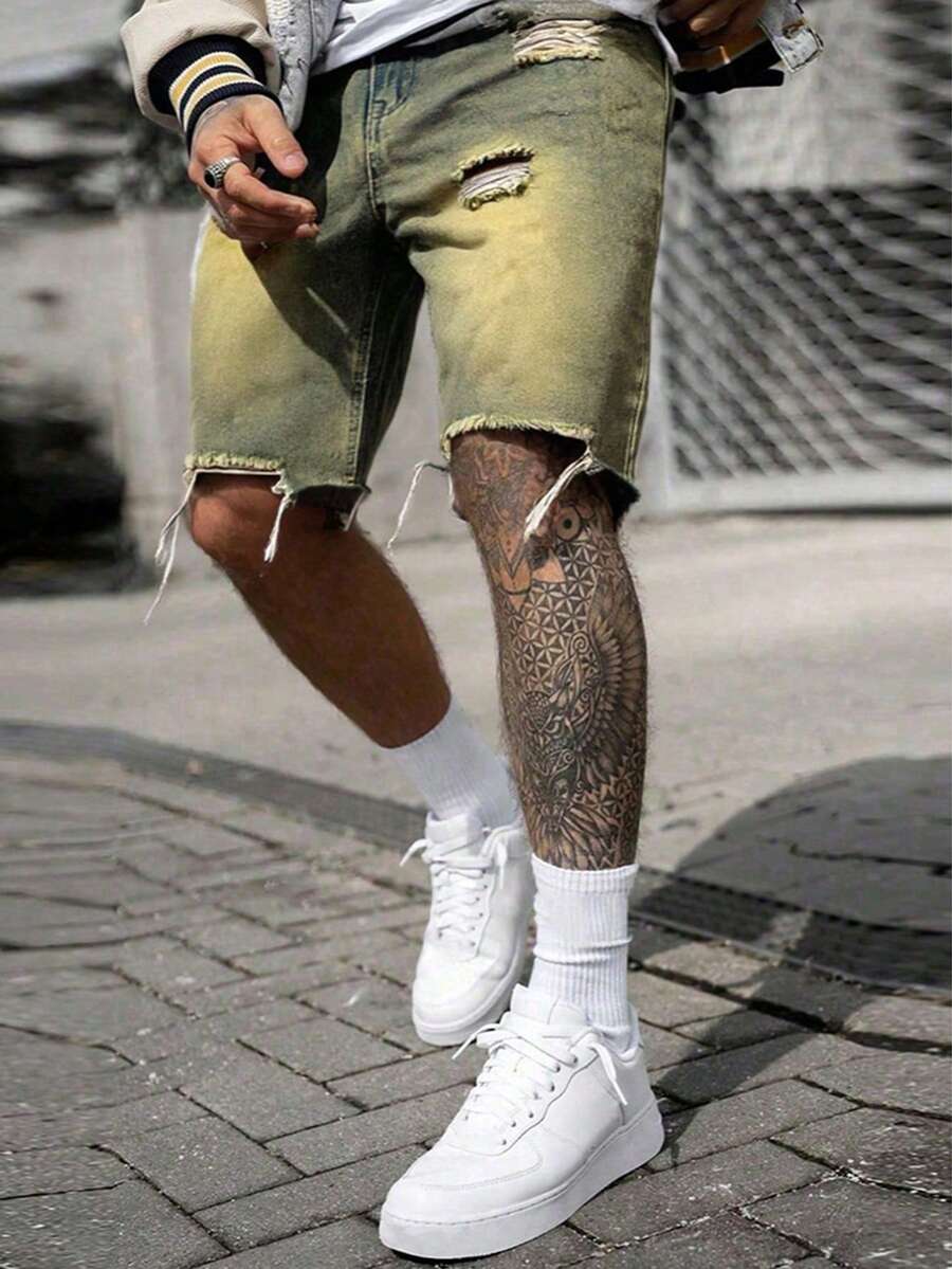 Men's Lightweight Summer New Fashion Ripped Thin Denim Shorts - Yellow - View 1