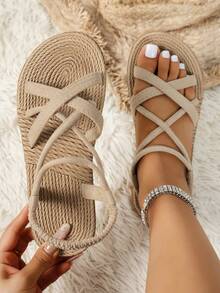 女士夏季简约百搭甜美白色时尚户外度假平底罗马凉鞋交叉带拖鞋夏威夷海滩休闲鞋 - 米色 - 查看 2