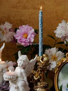1pc Embossed Long-Pole Wedding Candle With A Bow Candle Stand, Retro Engraved Candle Decoration, French Decoration, Available In Multiple Colors Such As Pink, Blue, White And Green, Wedding Decoration, Home Decoration, Shooting Props, Romantic Candlelight Dinner Decoration, A Gift For Mom