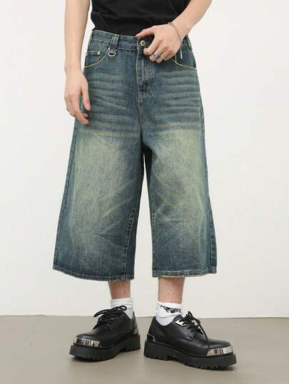 INFLATION 男士做旧复古水洗阔腿七分牛仔裤