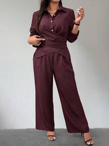 Plus Size Women Minimalist Solid Color Overlap Layered Linen-Like Texture Top And Wide Leg Loose Pants Set - Burgundy - View 2