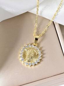 1pc Elegant Virgin Mary Women's Pendant Necklace,14K Gold Plated Stylish Round Sun Pendant With Micro-Set Shiny Zirconia,Guadalupe Script,Religious Believer Jewelry.Perfect For Daily Wear,Layering,Vacation,Holidays,Weddings And Prayers.Perfect Gift For Your Girlfriend,Friend,Mother.