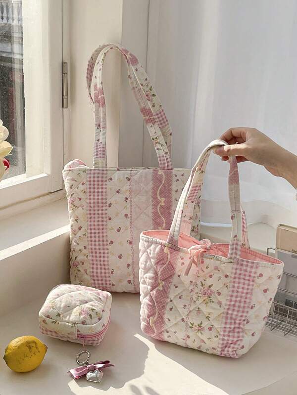 1 Peça Bolsa de Ombro Feminina Acolchoada com Estampa Floral, Bolsa Tote Multifuncional, Bolsa Tote Pequena, Porta-Moedas, Conjunto de Bolsa com Laço e Floral, Mini Bolsa de Maquiagem, Bolsa de Armazenamento de Absorventes Higiênicos e Tampões, Bolsa de Ombro de Lona de Grande Capacidade para Viagem e Escola, para Mulheres e Meninas, Bolsa Fofa com Laço para Mulheres