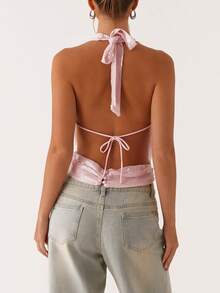 Women Sequin Halter Top Low Cut Cowl Neck Backless Tank Tops Sparkle Shimmer Camisole Party Rave Tops - Pink - View 3