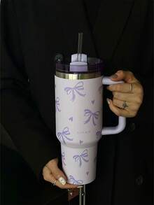 1 件 40 盎司-14 盎司不锈钢隔热杯，带蝴蝶结设计，大容量旅行杯带手柄，适用于汽车、学校、办公室、户外、健身房、家居，是送给女性和青少年的绝佳礼物，节日礼物，生日礼物（带吸管）