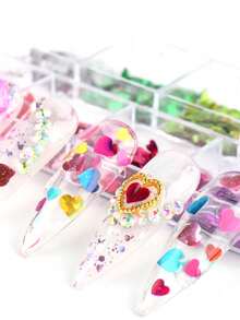 12色3D心形爱心美甲亮片套装，情人节专属 - 3毫米和5毫米金色、银色、红色激光亮片，闪光全息装饰美甲，情人节春季DIY美甲亮片（12色）美甲用品 - 彩色 - 查看 7