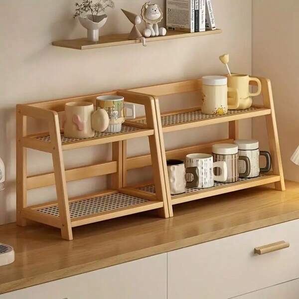 Houten bekerhouder van 25 cm - Bureau-organizer met twee lagen en gevlochten rotan planken, ruimtebesparende aanrechtorganizer voor keuken, studentenhuis, woonkamer - biedt plaats aan mokken, kopjes en kleine voorwerpen, aanrechtorganizers en opbergruimte voor in de keuken, natuurlijke houtafwerking, volledig houten constructie, staande plank