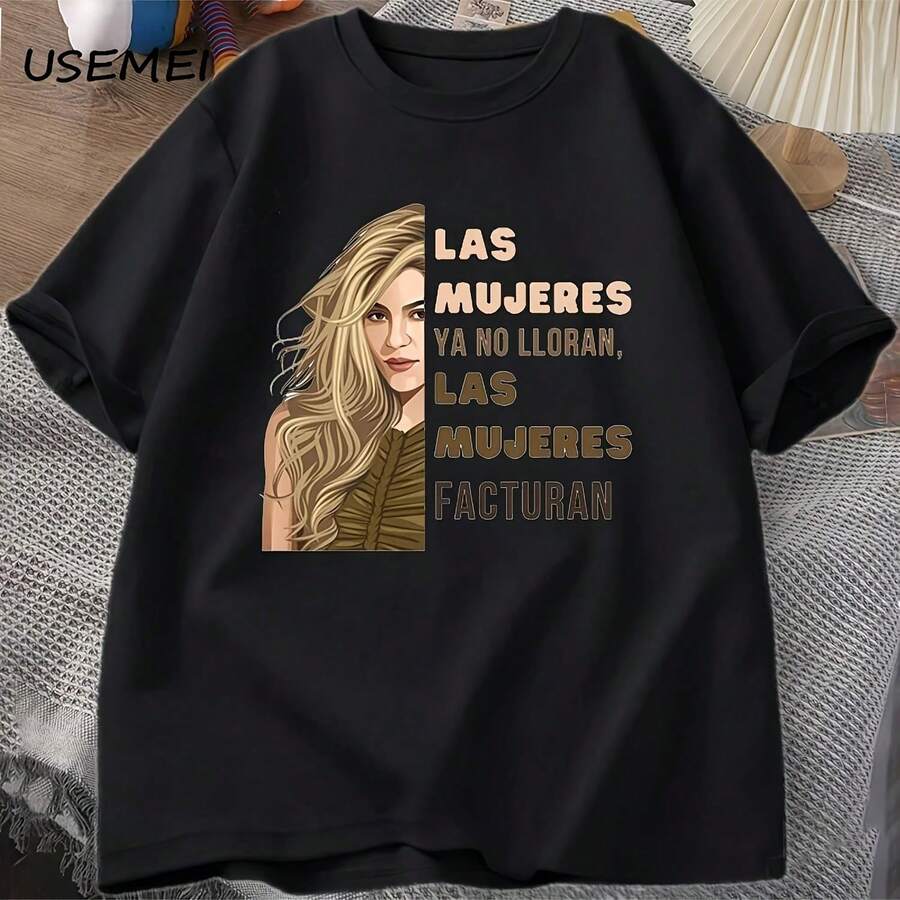 Kira T    Wo Las Mujeres Ya No Lloran Las Mujeres Facturan T-S Uni Cotton Short Sve S ClothesAesthetic Y1644K Style Summer Top, Loose Fitting T-Shirt For Outdoor, Home, Work Or Street Leisure, Soft And Durable Pure Cotton Fabric, Retro And Soft Design, I Gift For , Fashionable And Comfortable Shirt For Travel, Festivals Or Weekends - Black - View 1