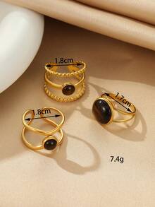 3pcs Stainless Steel Golden Vintage Style Oil Pressure Round Brown Gemstone Ring Set, Suitable For Women Decoration Or Gift - Yellow Gold - View 3