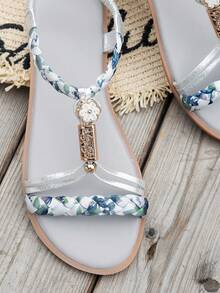 WRCVS 银色女士凉鞋，夏季鞋编织设计，轻便防滑沙滩鞋，随机花卉图案，手工串珠波西米亚风格度假鞋，复古户外 - 銀色 - 查看 7