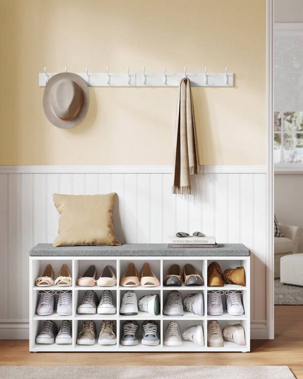 Shoe Rack, Shoe Bench With Seat, Shoe Cabinet With Cushion, 15 Open Storage Compartments, 30 X 105 X 48 Cm, For Hallway Bedroom Living Room Entryway, White And Grey, White And Grey