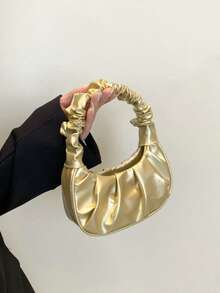 迷你纯色金属褶皱手提包，女士纯色云朵和新月设计休闲手提包