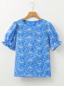 Acelitt Sky Blue Floral Embroidery Ruffle Hem Petal Sleeve Blouse, Summer - Blue - View 4