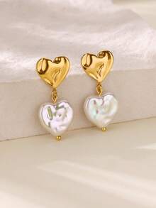 SHEIN MOD 1Pair Sweet Texture Heart Earrings For Women Gold Plated Stainless Steel Earrings Wedding Travel Birthday Jewelry Valentine's Day Gift - Yellow Gold - View 1