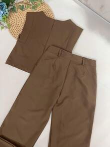 Women's Set: Summer Sleeveless Solid Color Round Neck Top And Wide Leg Pants With Belt And Bag - Rust Brown - View 5