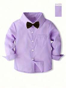 Áo sơ mi dài tay cổ bẻ kèm nơ cho bé trai, kiểu dáng lịch lãm, thích hợp cho học viện, tiệc tùng, đám cưới, quà tặng ngày lễ, áo sơ mi cổ điển. - Màu tím - Xem 4