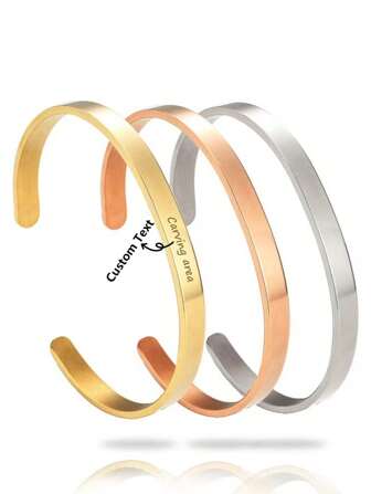 1pc Customizable Engraved Text Open Stainless Steel Bracelet, Smooth C-Shape Bangle