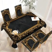 1/4/5/6/7 piezas Juego de 5/7 piezas, Juego de Mantel y Fundas de Silla, (1 Mantel + 4 Fundas de Silla o 1 Mantel + 6 Fundas de Silla) Fundas de Silla con Estampado Retro Moderno y Creativo, Adecuado para Decoración Diaria de Interior, Hogar, Restaurante, Hotel. Mantel Apto para Mesas Cuadradas, Fundas de Silla Elásticas Lavables