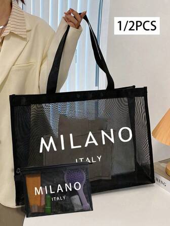 Large Capacity Mesh Shoulder Bag And Convenient Makeup Bag With "Milano" Printed On It,Portable Beach Vacation Large Capacity Handbag,Mesh Beach Bag,Portable Mesh Transparent Beauty Bag, Storage Bag, Is An Ideal Shopping Bag