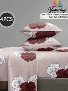 Juego de sábanas de 4 piezas con estampado de rosas rosadas y blancas, 1 sábana ajustable, 1 sábana plana, 2 fundas de almohada (sin incluir el relleno de la almohada). Juego de sábanas de lujo para cama king, queen, full y twin con bolsillo profundo de hasta 11.8 pulgadas. Suave, transpirable y libre de arrugas para un mejor sueño. Estilo de hotel de lujo, regalo para mamá, papá o amigo, juego de ropa de cama de estilo granja.