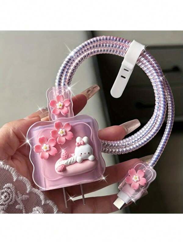 1pc Cute Rabbit Pattern Charger Adapter Protector Case, Data Cable Winder For 18W/20W Fast Charging Head, Anti-Breaking Winding Organizer, Boyfriend/Girlfriend Gift With Premium Feel